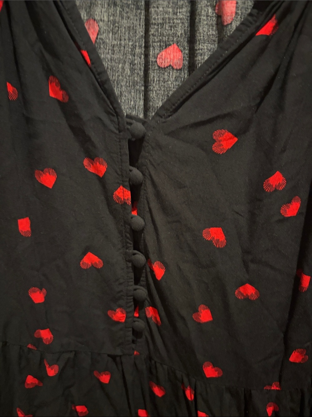 Black Maxi Dress with Red Heart Print — Elegant Tiered V-Neck Maxi - Picture 4 of 5